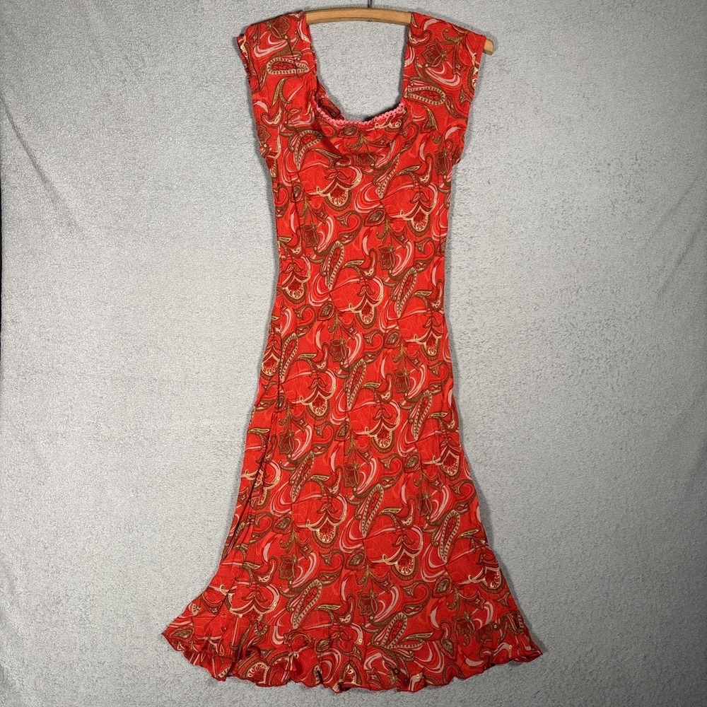 Rampage Vintage 90s Red‎ Paisley Rayon Midi Dress Square Neck Ruffle Hem Fits XS